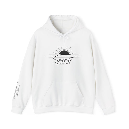Spirit Lead Me Hoodie: A white unisex heavy blend hooded sweatshirt with a logo featuring a sun and water. Made of 50% cotton and 50% polyester, plush and warm, with kangaroo pocket and matching drawstring.