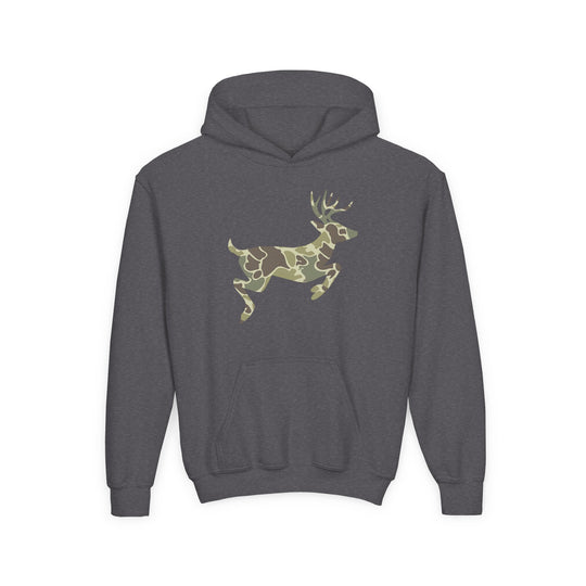 Camo Deer Youth Hoodie featuring a camouflage deer silhouette on a charcoal-gray pullover with kangaroo pocket and ribbed cuffs, made from soft, preshrunk fleece.