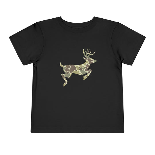 Camo Deer Toddler Tee: A black short-sleeve t-shirt featuring a camouflage-patterned leaping deer graphic, crafted from 100% Airlume cotton for comfort and style.