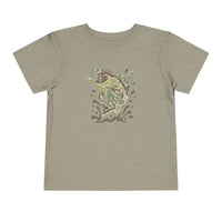 Camo Fish Toddler Tee: Olive-heather short-sleeve with camo-style jumping fish graphic, perfect for everyday wear. Made from 100% Airlume cotton for toddler comfort.
