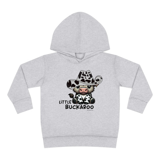 Toddler hoodie featuring a cow in a cowboy hat, designed for comfort with jersey-lined hood, cover-stitched details, and side seam pockets. 60% cotton, 40% polyester blend. From 'Worlds Worst Tees'.