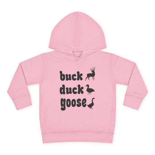 Buck, Duck, Goose Toddler Hoodie featuring playful animal silhouettes and text, designed for comfort with a durable hood and cozy side-seam pockets.