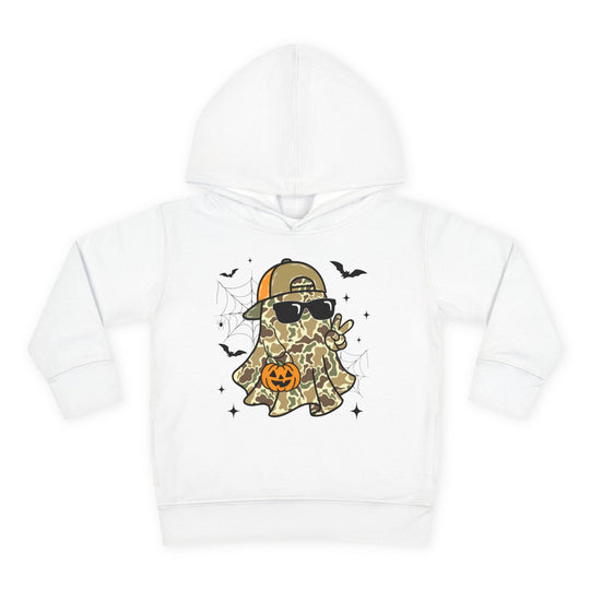 Candy Ghost Toddler Hoodie featuring a cartoon ghost in camo, sunglasses, and cap, holding a jack-o’-lantern with bats and spider web accents.