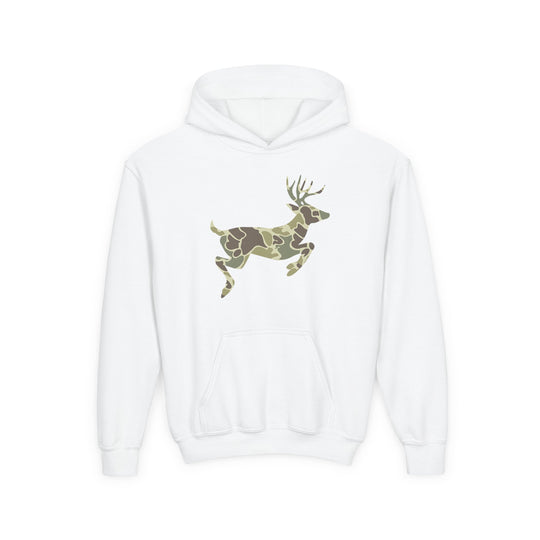 Camo Deer Youth Hoodie featuring a white pullover design with a kangaroo pocket and a camouflage-patterned deer silhouette on the chest.