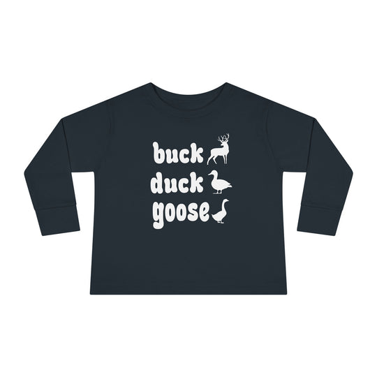 Buck, Duck, Goose, Toddler Long Sleeve Tee: Dark-navy shirt with playful deer, duck, and goose silhouettes, crafted from soft cotton for durability and comfort.