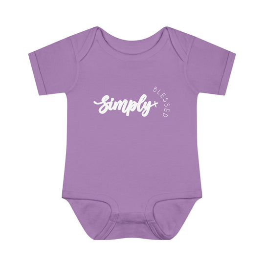 Simply Blessed Onesie: A purple baby bodysuit with white text, featuring soft ring-spun cotton and lap shoulders for comfort and easy dressing.