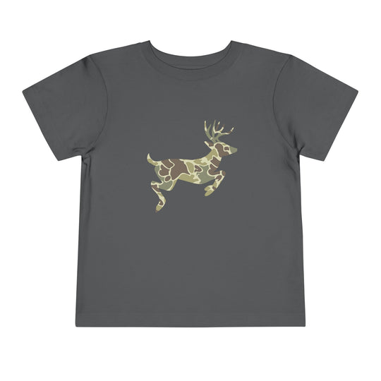 Camo Deer Toddler Tee: Dark-gray T-shirt featuring a camouflage-patterned deer outline on the chest, crafted from 100% Airlume cotton for toddler comfort.