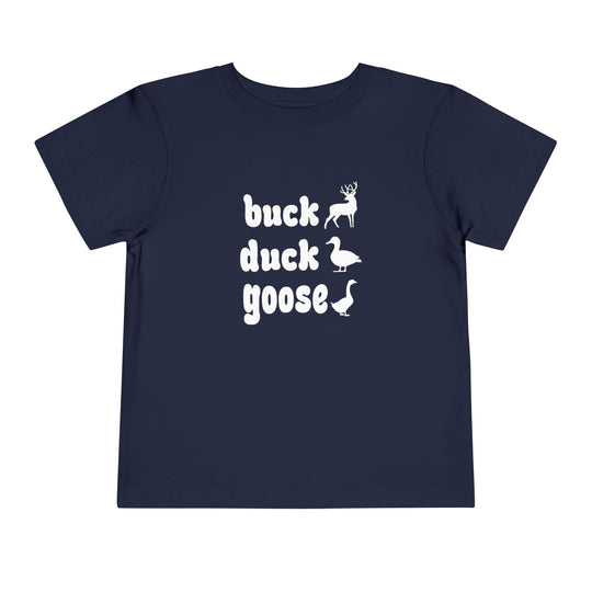 Buck, Duck, Goose Toddler Tee featuring playful animal silhouettes in white on a navy-blue background, crafted from soft Airlume cotton for everyday toddler comfort.