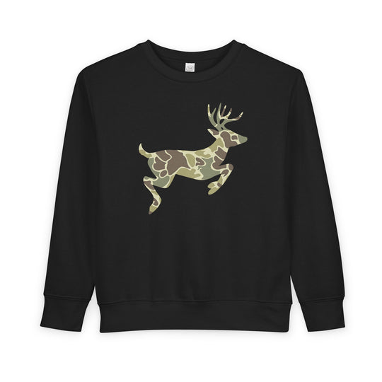 Camo Deer Toddler Crew: Black sweatshirt with long sleeves, featuring a woodland camo-patterned deer silhouette on the front. Made from soft, durable cotton-polyester blend.
