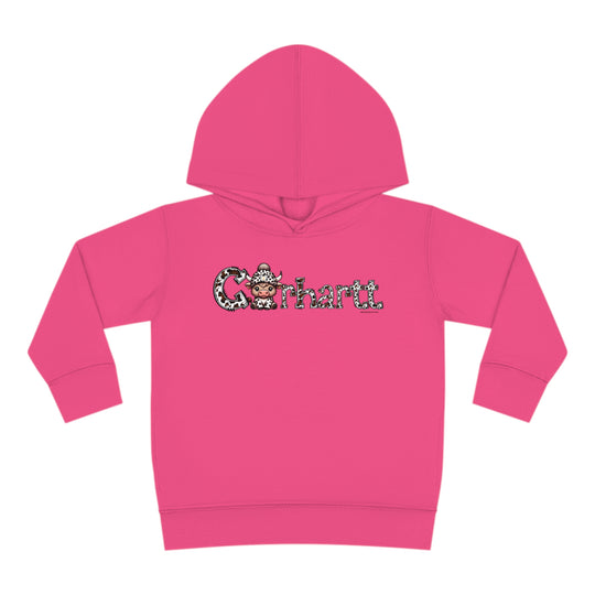 Toddler hoodie with cow design, jersey-lined hood, and side seam pockets for durability and coziness. 60% cotton, 40% polyester blend. Sizes: 2T, 4T, 5-6T. Length: 15.62-17.62 in, Width: 14.50-16.50 in, Sleeve length: 12.00-13.50 in.