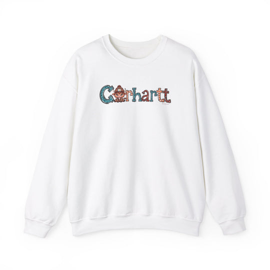 A white Cowhartt Crew unisex heavy blend crewneck sweatshirt featuring a cartoon cow with horns and a hat. Made of 50% cotton, 50% polyester, ribbed knit collar, and no itchy side seams.