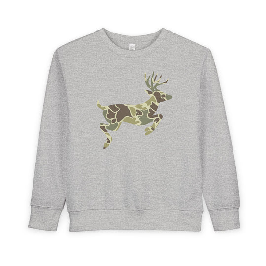 Light-gray toddler crewneck sweatshirt with a stylized deer silhouette, featuring woodland camouflage pattern, designed for comfort and durability.