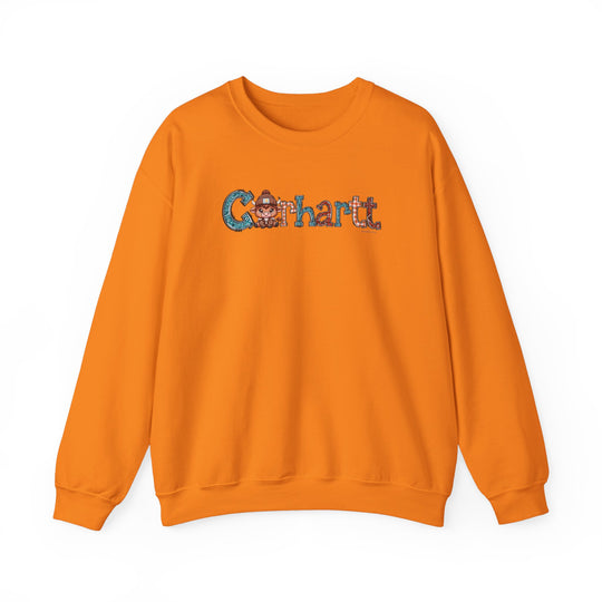 Unisex Cowhartt Crew sweatshirt, orange with cartoon cow logo. Heavy blend fabric, ribbed knit collar, loose fit, sizes S-5XL. Ideal comfort for any occasion.