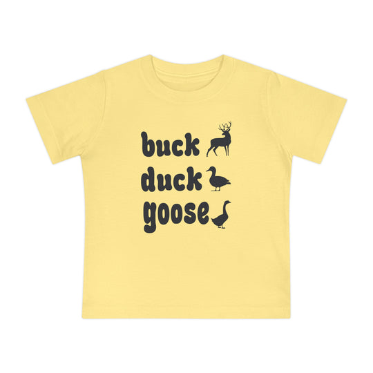 Buck, Duck, Goose Baby Tee: Yellow children's T-shirt featuring buck, duck, and goose silhouettes, offering a playful twist on the classic game. Super soft, durable, shrink-resistant fabric.