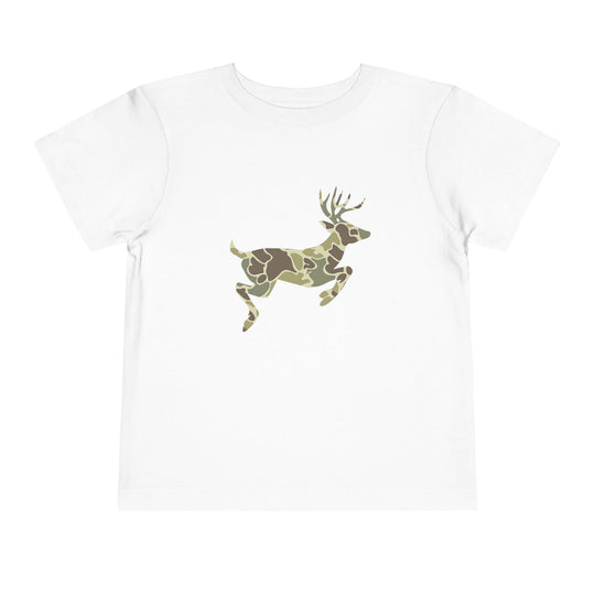 Camo Deer Toddler Tee featuring a leaping deer with a camouflage pattern, printed on a white, short-sleeve t-shirt made from soft, comfortable cotton.