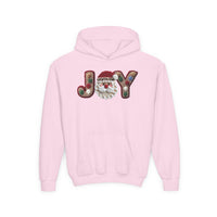 Light pink Joy Youth Hoodie with a latch-hook style JOY graphic, featuring a Santa face as the O, and festive letters. Ultra-soft, preshrunk fleece with kangaroo pocket.