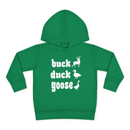 Buck, Duck, Goose, Toddler Hoodie featuring playful animal silhouettes, jersey-lined hood, and side-seam pockets for durability and comfort. Ideal for cozy, playful wear.