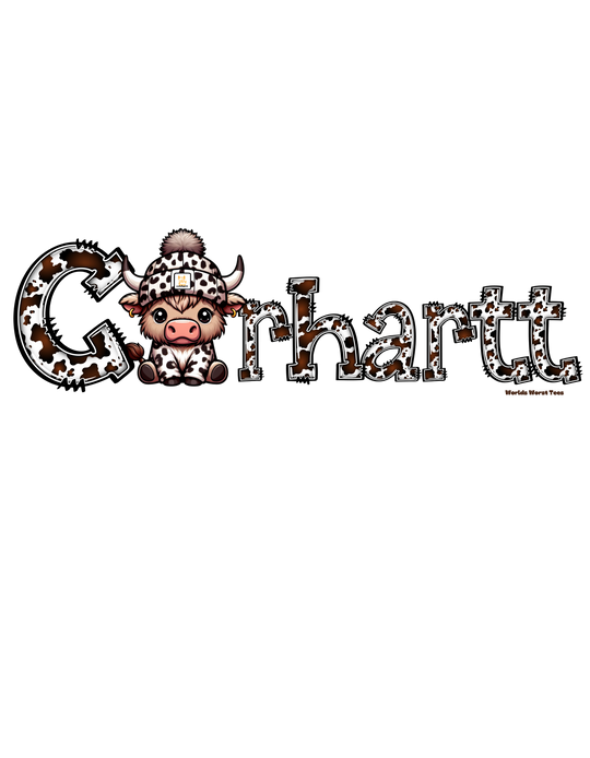 A playful Cowhartt Cow Toddler Tee featuring a cartoon cow in a hat and cow pattern. Made of soft 100% combed ringspun cotton, light fabric, tear-away label, and a classic fit. Sizes: 2T, 3T, 4T, 5-6T.