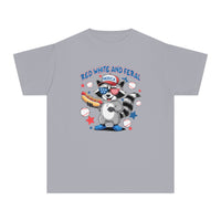 Kid wearing the Red White and Feral Baseball 4th Kids Tee, showcasing a classic fit design made from soft-washed, 100% combed ringspun cotton for comfort and agility.