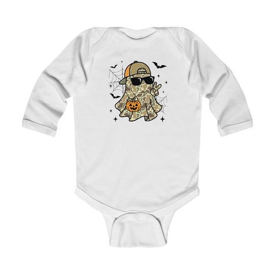 Candy Ghost Long Sleeve Onesie featuring a camo ghost with sunglasses, peace sign, pumpkin bucket, and Halloween accents, designed for softness and durability.