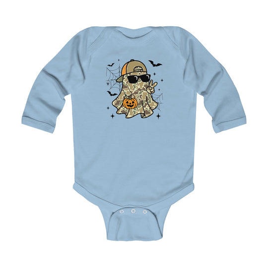 Candy Ghost Long Sleeve Onesie features a cute ghost with a Halloween theme, camouflage details, and durable, soft cotton fabric for baby's comfort and easy changing.