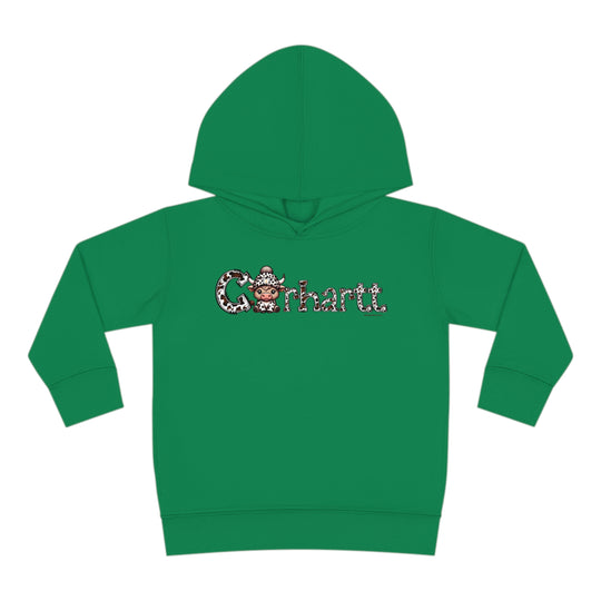 A durable toddler hoodie featuring a cartoon cow design, jersey-lined hood, side seam pockets, and cover-stitched details for long-lasting coziness. From Worlds Worst Tees, the Cowhartt Cow Toddler Hoodie offers comfort and style.