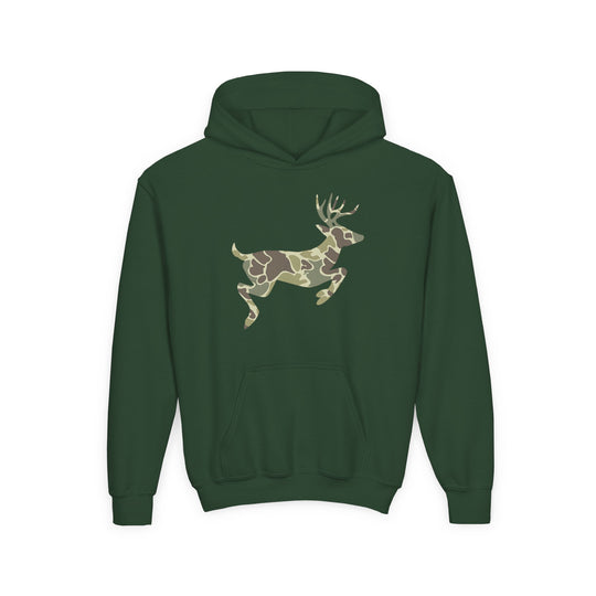 Camo Deer Youth Hoodie: Forest-green pullover hoodie with a camo-patterned deer silhouette on the chest, featuring a kangaroo pocket and hood, made from soft, preshrunk fleece.