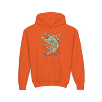 Camo Fish Youth Hoodie features a bright orange design with a leaping trout graphic, kangaroo pocket, and drawstring hood, made of ultra-soft, preshrunk fleece.
