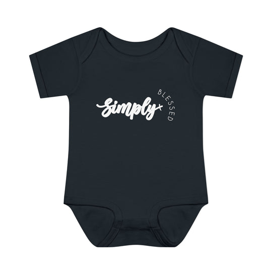Simply Blessed Onesie, black baby bodysuit with white text, crafted from soft ring-spun cotton, featuring lap shoulders for easy dressing. Ideal for infants' comfort.