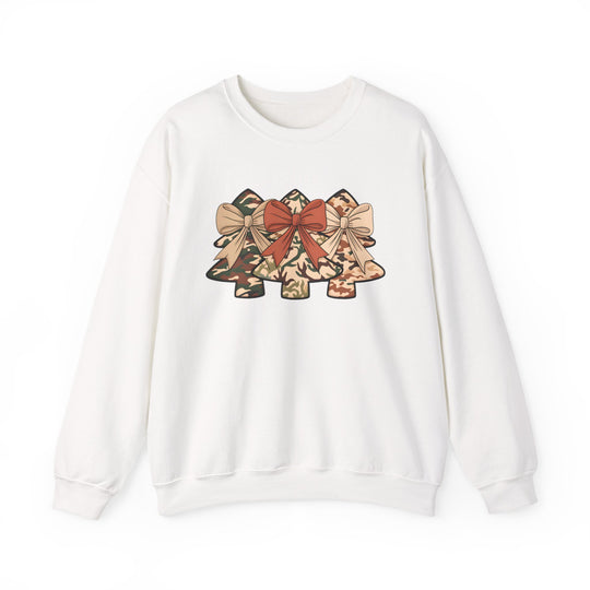 Camo Christmas Trees Crew sweatshirt featuring three camouflage tree silhouettes with festive bows, combining comfort with a unique holiday design.