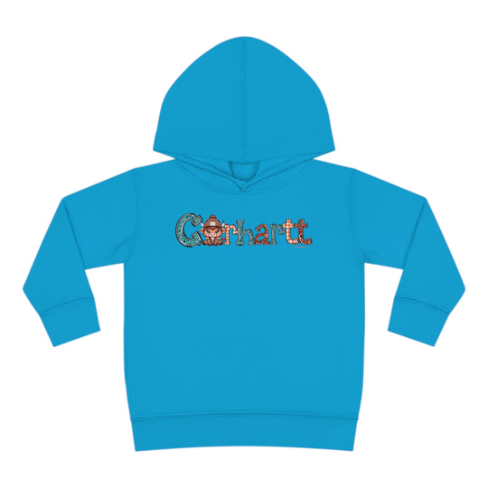 Toddler hoodie featuring a cartoon cow design, jersey-lined hood, cover-stitched details, and side seam pockets. Made of 60% cotton, 40% polyester for cozy durability. From Worlds Worst Tees.