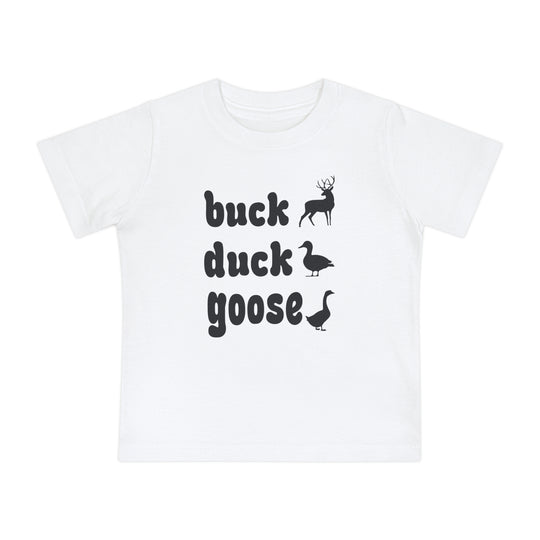 Buck, Duck, Goose Baby Tee featuring playful animal silhouettes and bold text, designed for comfort and durability with soft, pre-shrunk cotton, ideal for infants 3-24 months.