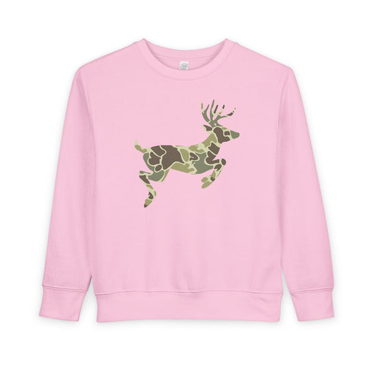 Camo Deer Toddler Crew: Light-pink sweatshirt with a camouflage-patterned deer silhouette, crafted from a soft cotton-polyester blend for warmth and comfort.