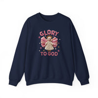 Navy-blue Glory to God Crew sweatshirt with a knitted-yarn angel graphic, pink wings, halo, stars, and yarn-style lettering. Comfortable, durable cotton-polyester blend.