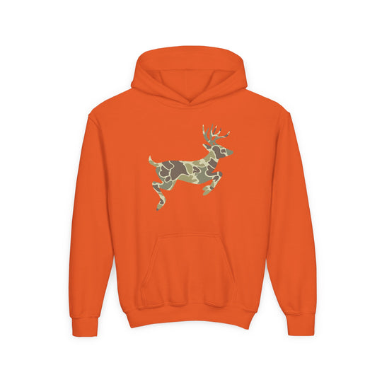 Camo Deer Youth Hoodie features a bright orange design with a kangaroo pocket and a camouflage-patterned leaping deer silhouette on the chest.