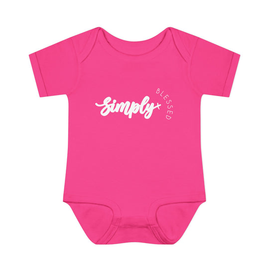 Simply Blessed Onesie: A pink baby bodysuit featuring white text, crafted from soft ring-spun cotton with lap shoulders for easy dressing. Ideal for infants' comfort.
