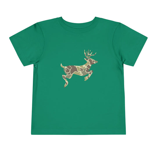 Camo Deer Toddler Tee: Green youth T-shirt featuring a stylized deer in woodland camouflage. Made from 100% Airlume cotton, designed for comfort with a tear-away label.