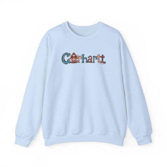 A comfortable unisex Cowhartt Crew sweatshirt with a cartoon cow design. Made of 50% cotton, 50% polyester, ribbed knit collar, and no itchy side seams. Medium-heavy fabric, loose fit, true to size.