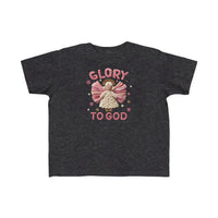 Charcoal-gray toddler tee featuring a yarn-style angel graphic with GLORY TO GOD, designed for comfort and durability, ideal for sensitive skin.