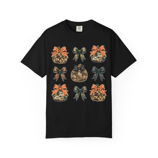 Bows and Pumpkins Tee: Black crew-neck featuring camo-patterned pumpkins and ribbon bows in a 3x3 grid, blending autumn themes with military-style camouflage.