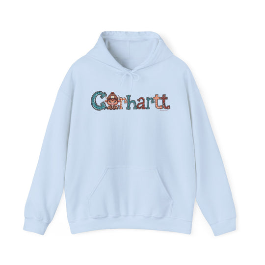 A Cowhartt Hoodie, a cozy unisex blend of cotton and polyester, featuring a kangaroo pocket and drawstring hood. Classic fit, tear-away label, ideal for printing. From Worlds Worst Tees.
