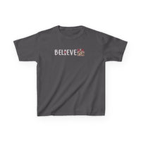 Charcoal-gray Believe Kids Tee with festive BELIEVE text; features nativity scene replacing the E, ideal for everyday wear with durable, soft cotton.