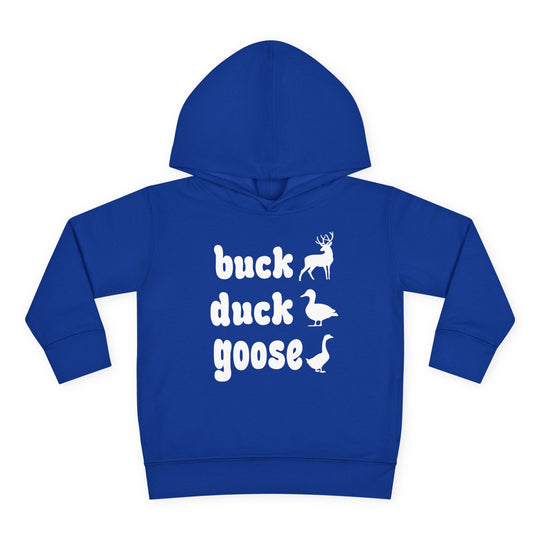 Buck, Duck, Goose, Toddler Hoodie featuring playful animal silhouettes; durable jersey-lined hood, side-seam pockets, and cover-stitched details for cozy wear.