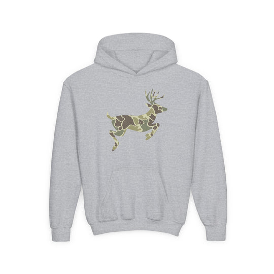 Camo Deer Youth Hoodie features a light-gray pullover with a kangaroo pocket and a camo-patterned leaping deer silhouette on the chest, laid flat on a white background.