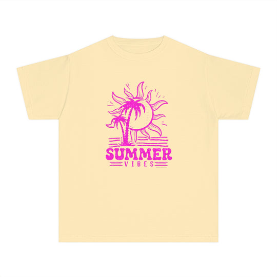 A kid's tee featuring a pink sun and palm trees design, perfect for active days. Made of soft-washed, 100% combed ringspun cotton for comfort. Classic fit for all-day wear. Summer Vibes Kids Tee by Worlds Worst Tees.
