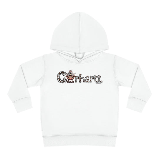 Toddler hoodie with cow and hat logo, jersey-lined hood, cover-stitched details, and side seam pockets for coziness. 60% cotton, 40% polyester blend. Sizes: 2T, 4T, 5-6T. Designed for comfort and durability.