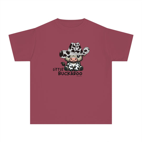 Buckaroo Kids Tee: Red shirt featuring a cow in a cowboy hat. Ideal for active kids, made of soft combed cotton for comfort and agility. Classic fit, perfect for all-day wear.