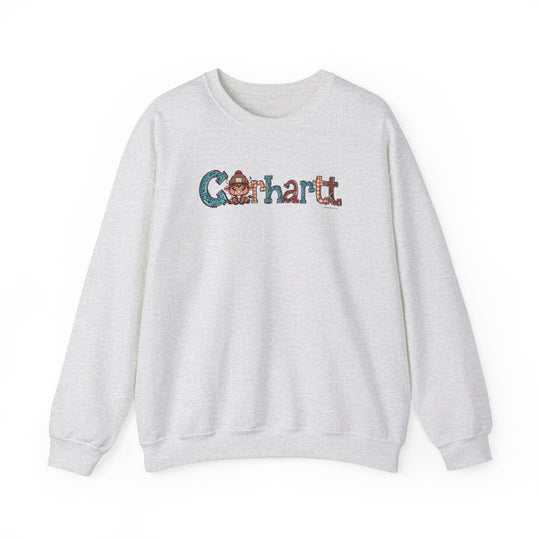 A comfortable unisex Cowhartt Crew sweatshirt with a cartoon cow logo. Made of 50% cotton and 50% polyester, ribbed knit collar, and no itchy side seams. Medium-heavy fabric, loose fit, true to size.