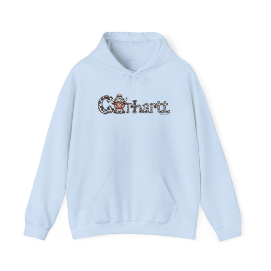 A Cowhartt Cow Hoodie, a light blue sweatshirt featuring a cartoon cow design. Unisex, heavy blend fabric for comfort and warmth, with kangaroo pocket and drawstring hood. Ideal for printing.