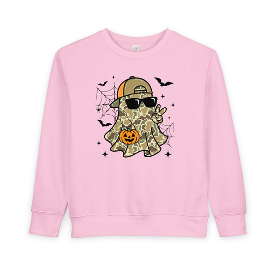Candy Ghost Toddler Crew: Light-pink sweatshirt featuring a camo-pattern ghost with sunglasses, peace sign, jack-o’-lantern, surrounded by bats, spiderwebs, and sparkles.